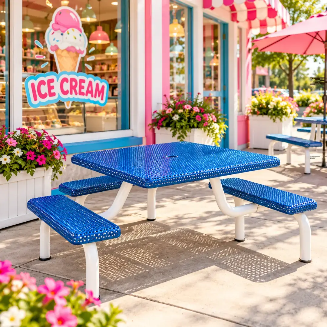 Blue perforated ADA compliant metal square picnic table with three attached benches and a white steel frame outside a colorful ice cream shop.